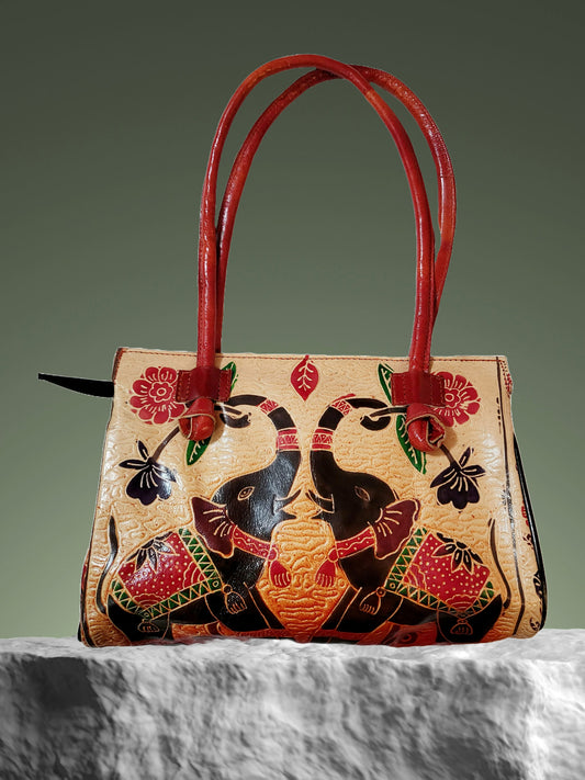 Shantiniketan Twin Royal Elephants Design Ethnic Block Printed Leather Indian Shoulder Bag