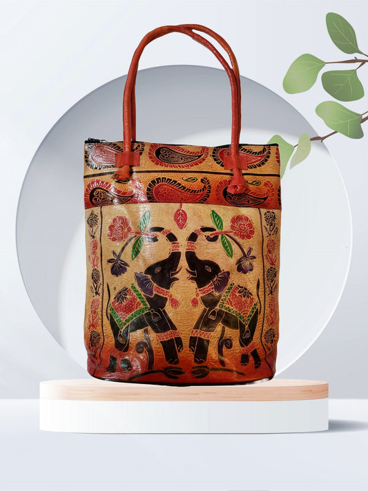 Shantiniketan Genuine Leather Ladies Shoulder Bag Dual Elephant 14x14
