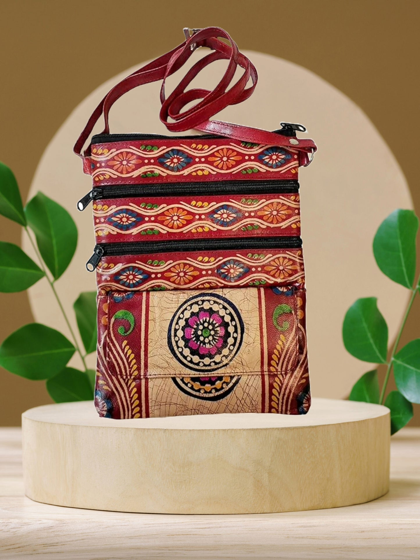 Shantiniketan Pure Leather Womens Purse Crossbody Shoulder Bag Batik Print (Red)