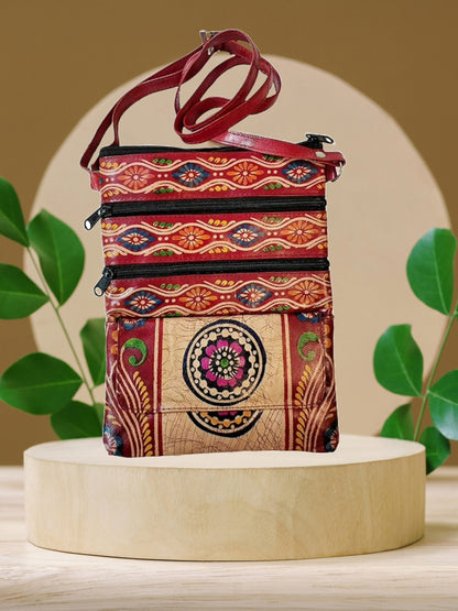 Shantiniketan Pure Leather Womens Purse Crossbody Shoulder Bag Batik Print (Red)