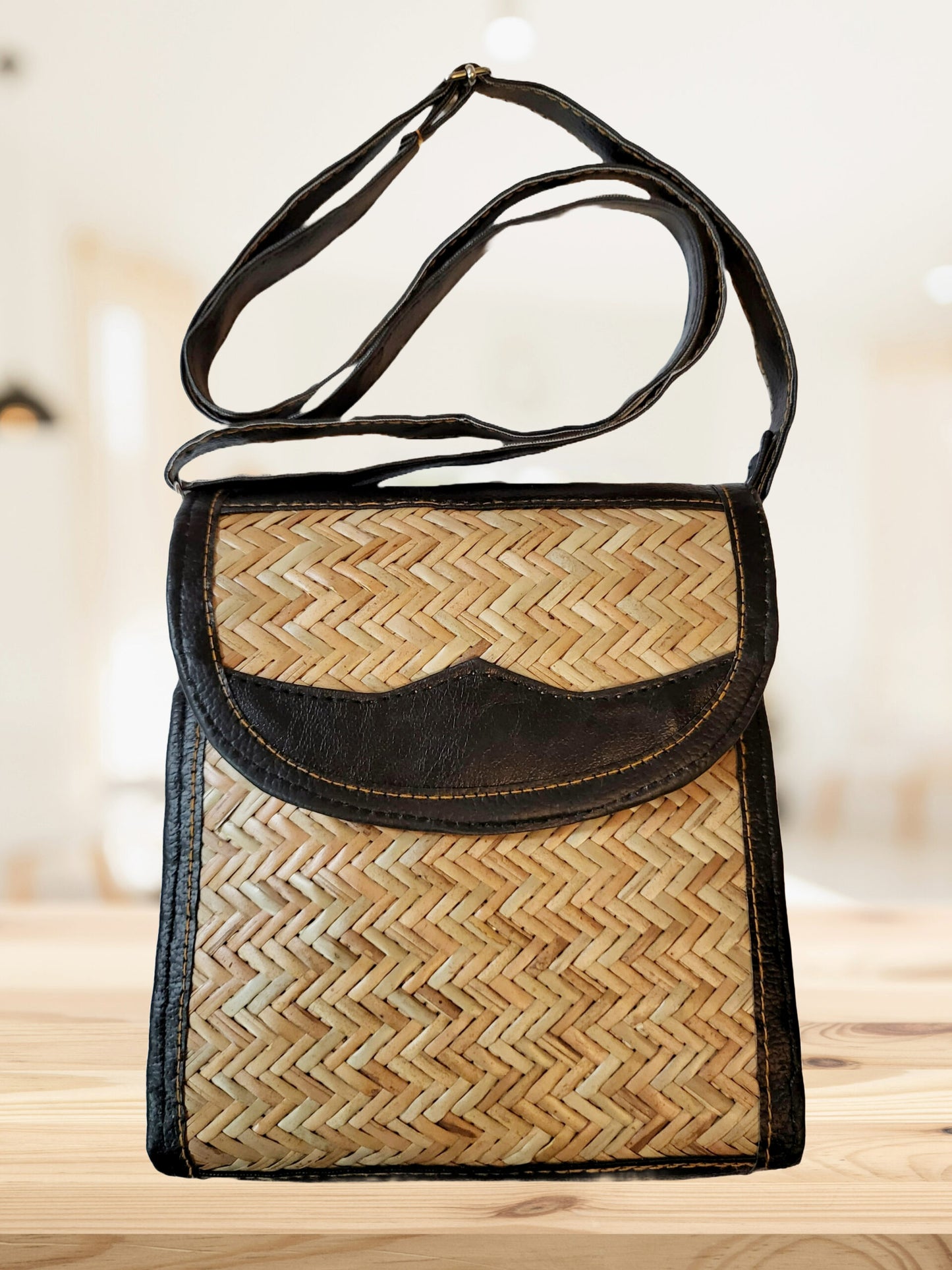 Bamboo Bag Shital Pati Handmade Sling Bag Eco-Friendly & Shoulder Crossbody Black Faux Leather Finish