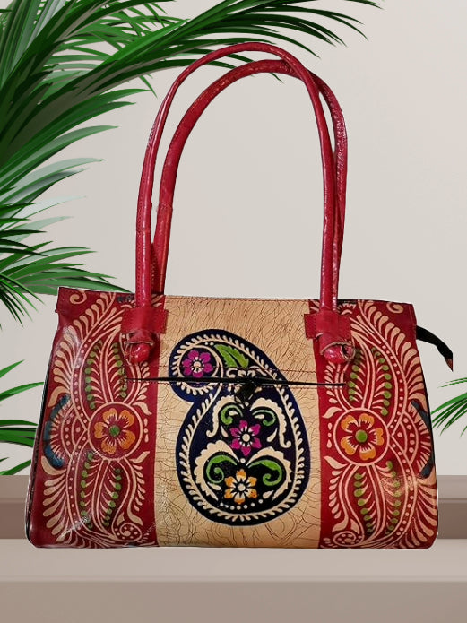 Shantiniketan Red Design Batik Printed Leather Indian Shoulder Bag