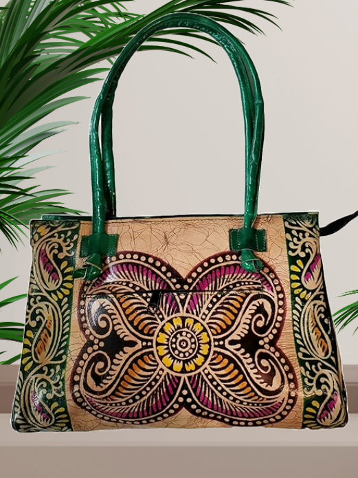 Shantiniketan Green Design Batik Printed Leather Indian Shoulder Bag