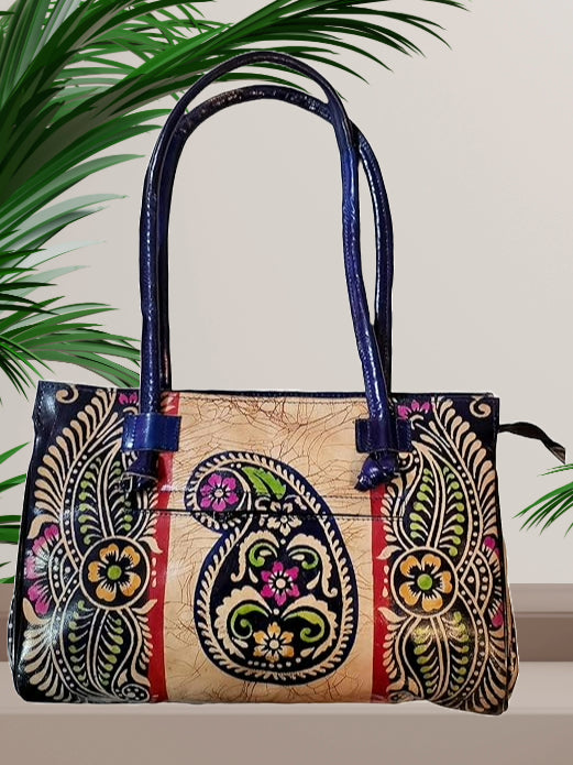 Shantiniketan Blue Design Batik Printed Leather Indian Shoulder Bag