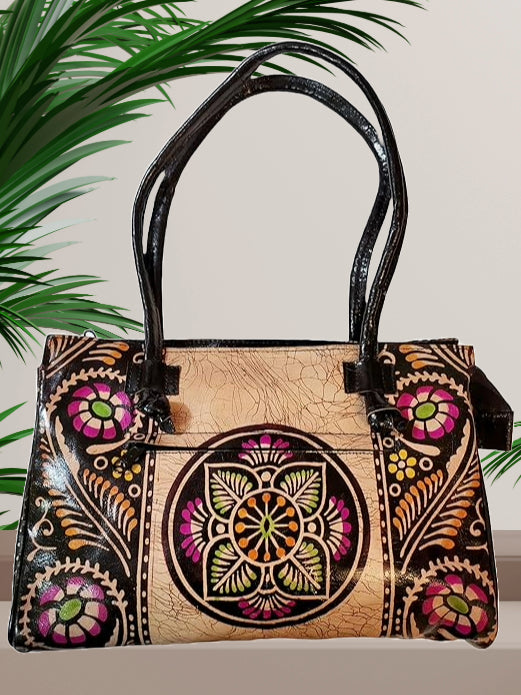 Shantiniketan Black Design Batik Printed Leather Indian Shoulder Bag
