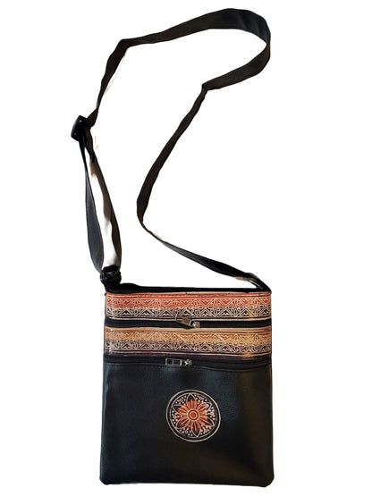Shantiniketan Leather+Rexine Crossbody Sling Bag (Black)