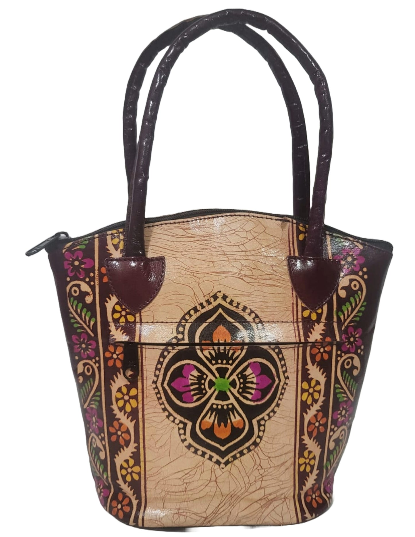 Shantiniketan Pure Leather Brown Batik Medium Batua