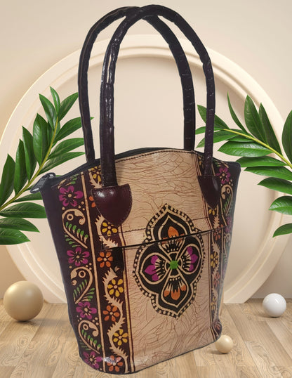 Shantiniketan Pure Leather Brown Batik Medium Batua
