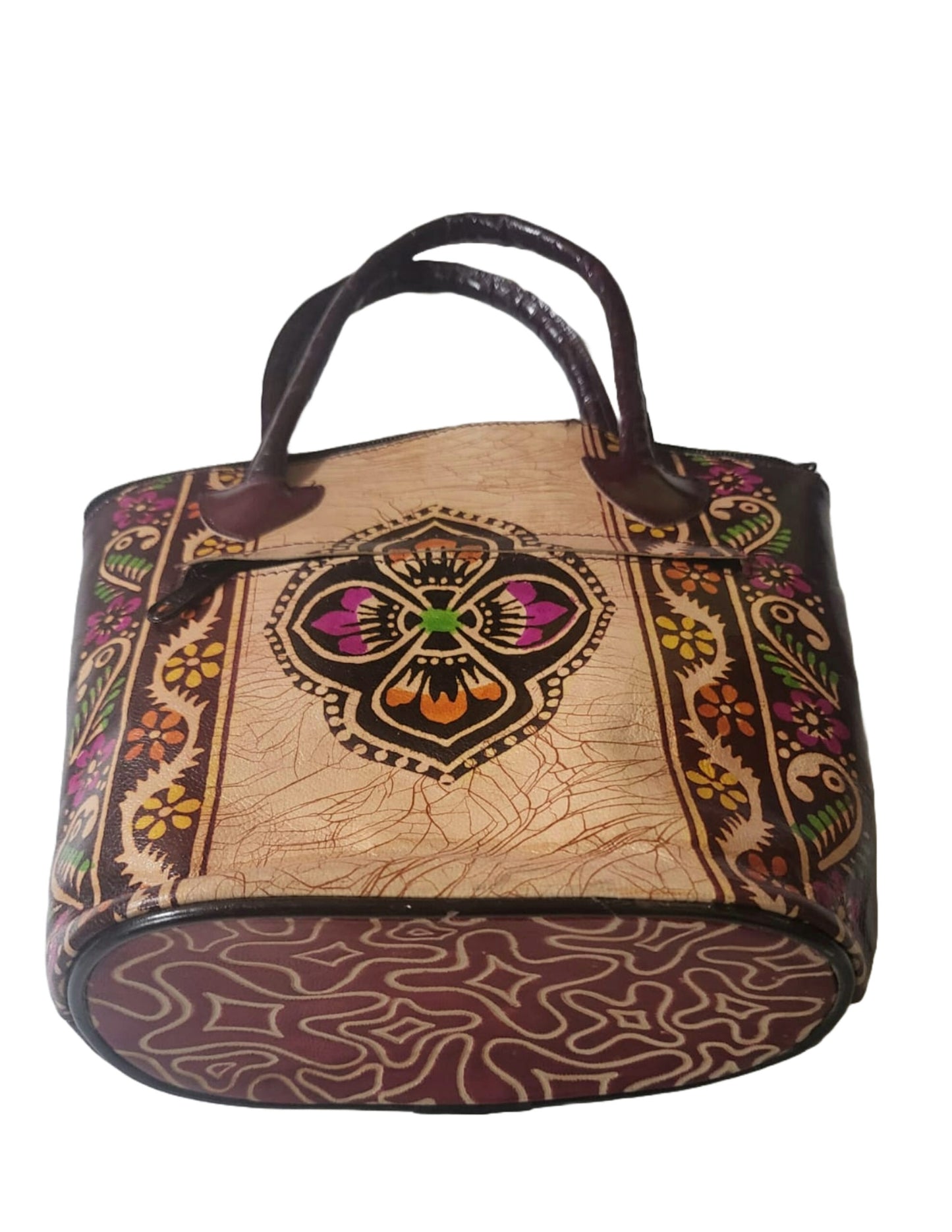 Shantiniketan Pure Leather Brown Batik Medium Batua
