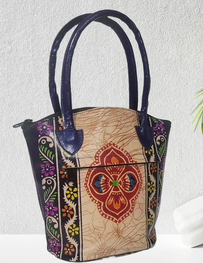 Shantiniketan Pure Leather Blue Batik Medium Batua