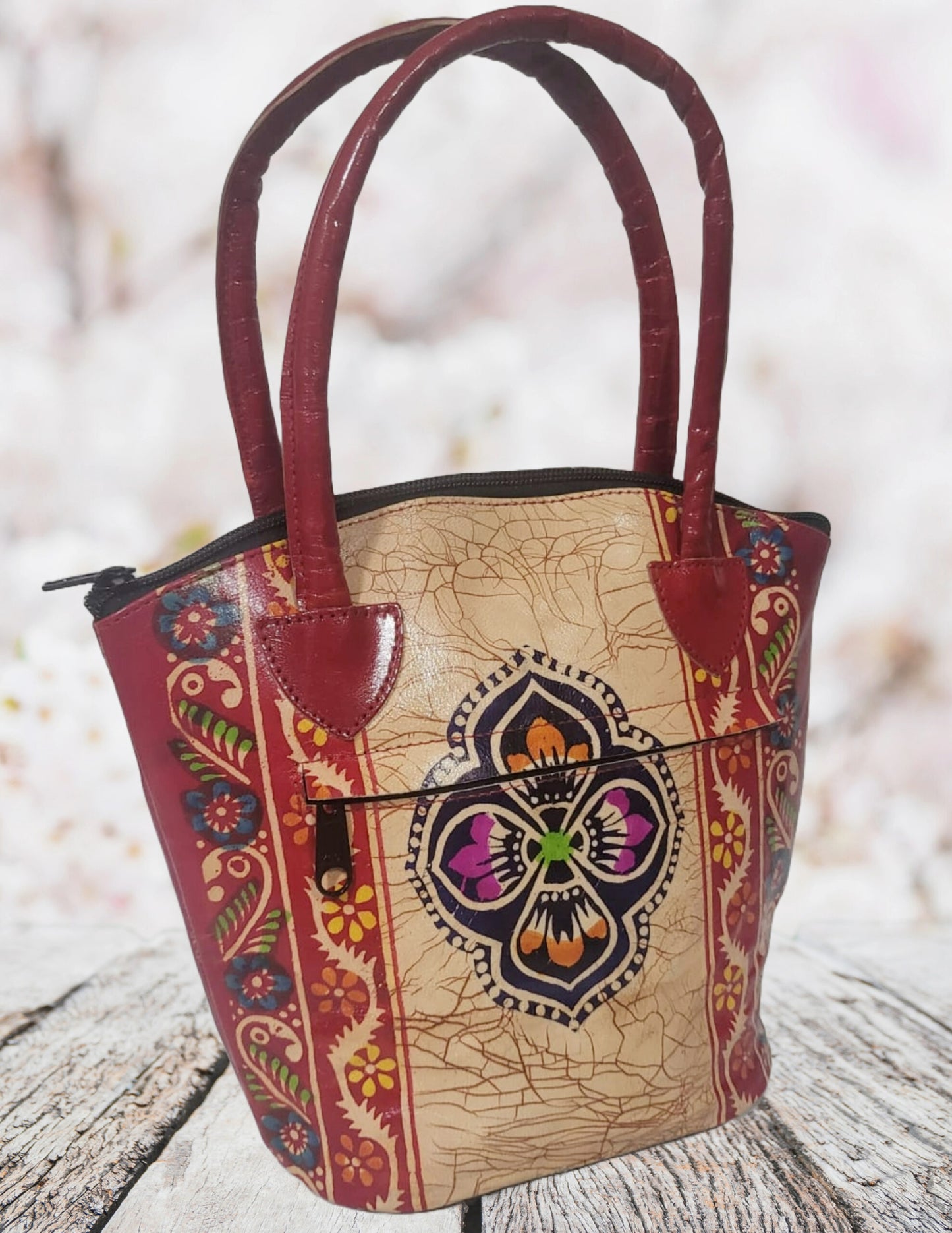 Shantiniketan Pure Leather Red Batik Medium Batua