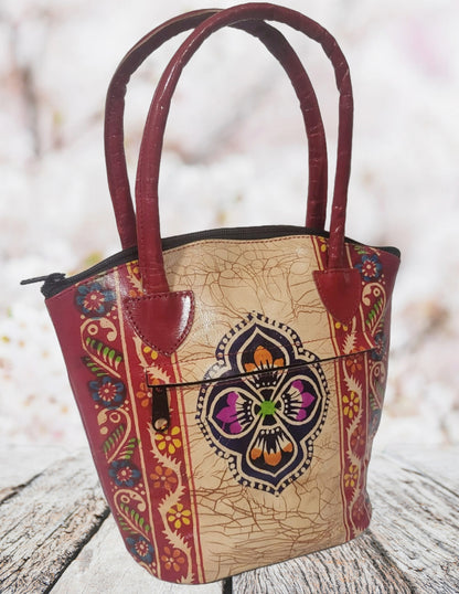 Shantiniketan Pure Leather Red Batik Medium Batua