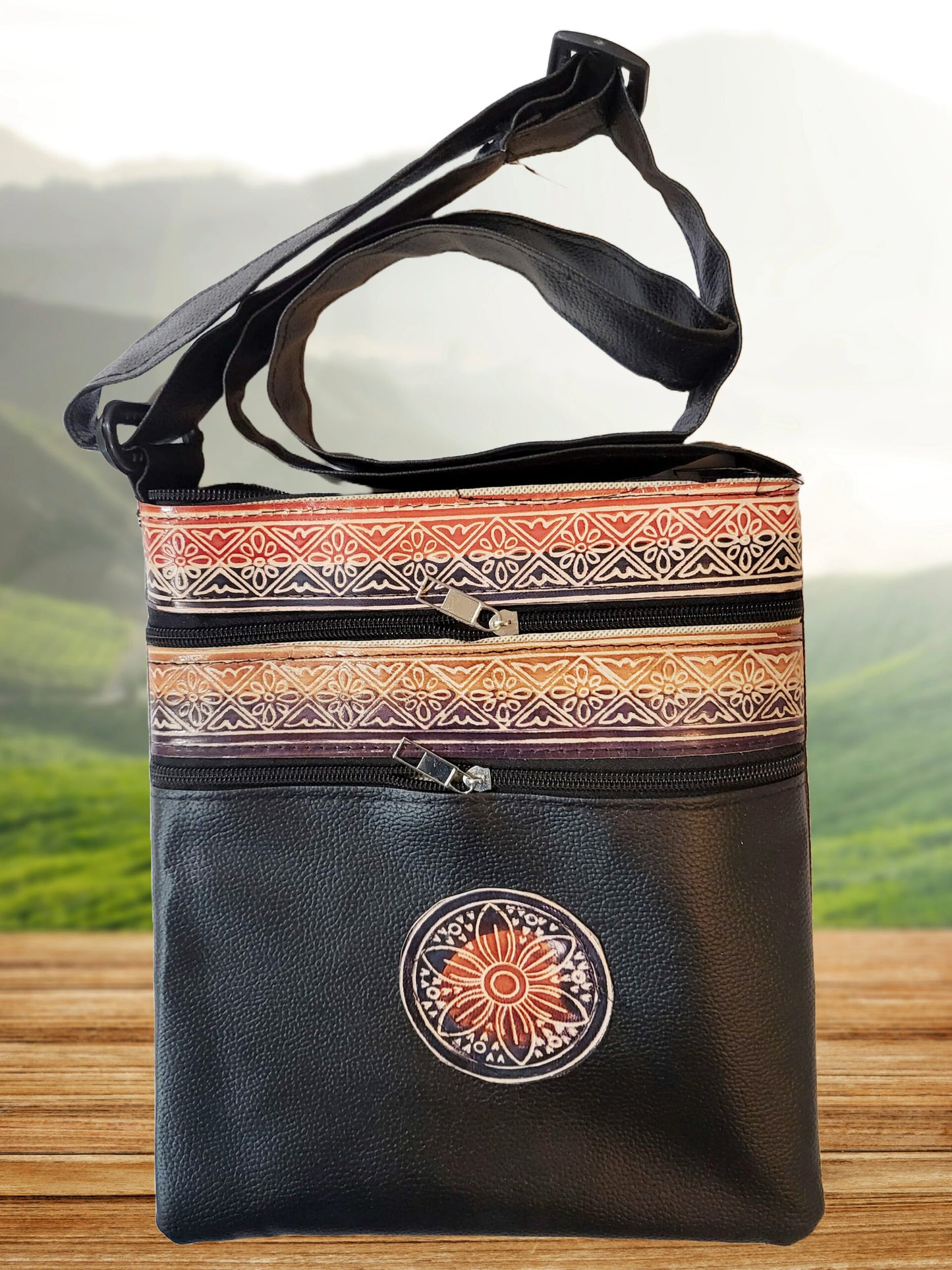 Shantiniketan Leather+Rexine Crossbody Sling Bag (Black)