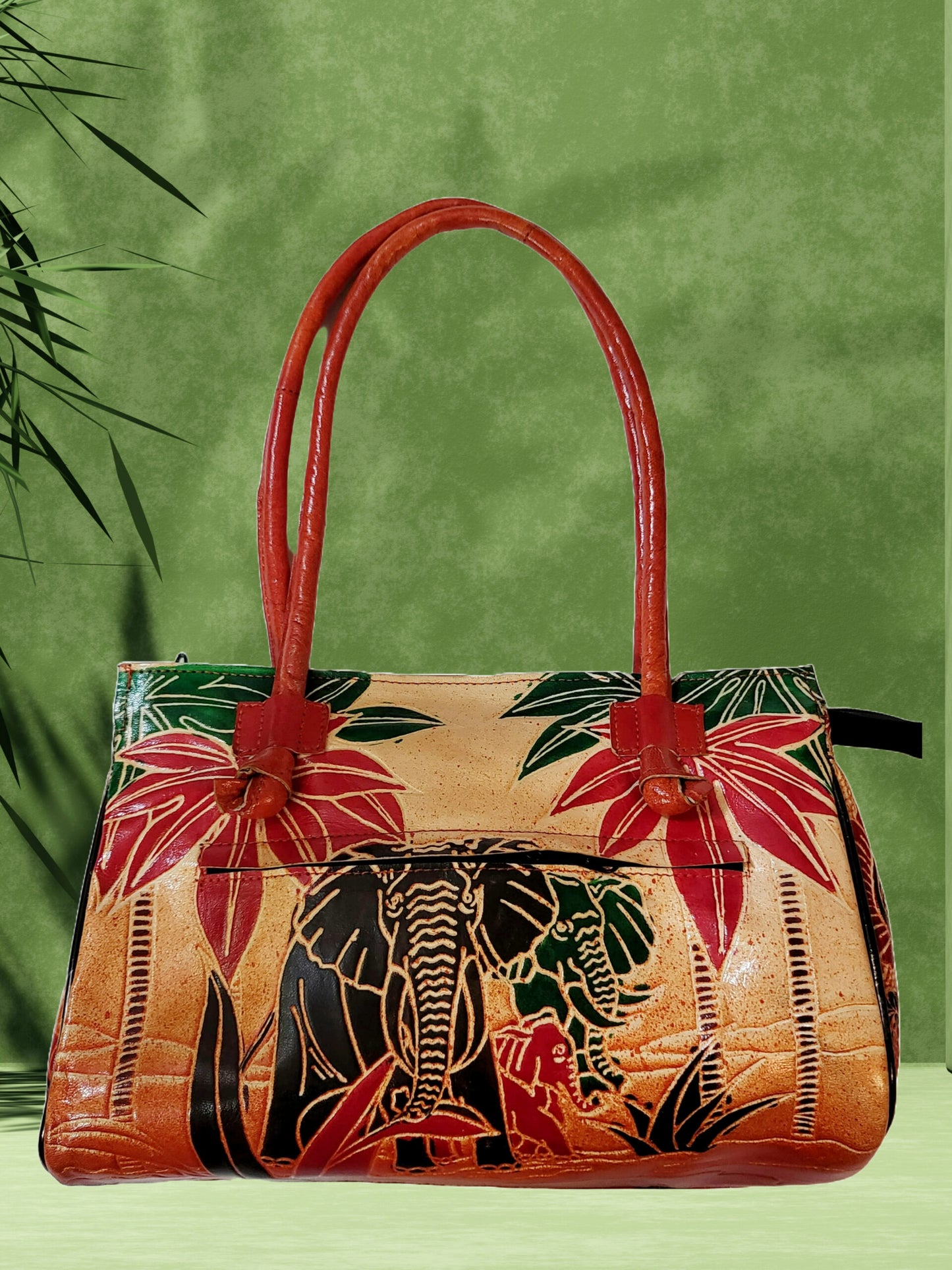 Shantiniketan Leather Large Shoulder Safari Elephant Bag 10 x 8 inch