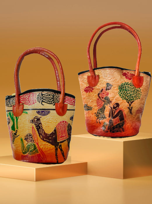 Shantiniketan Pure Leather Small Batua (Combo Of 2) Camel+Lady Water