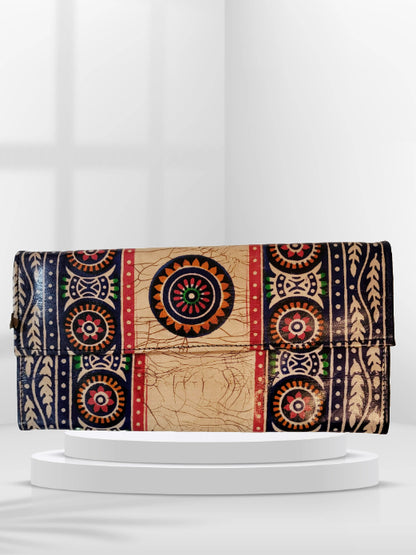 Shantiniketan Batik Print Blue Leather 10inch Clutch Handpurse