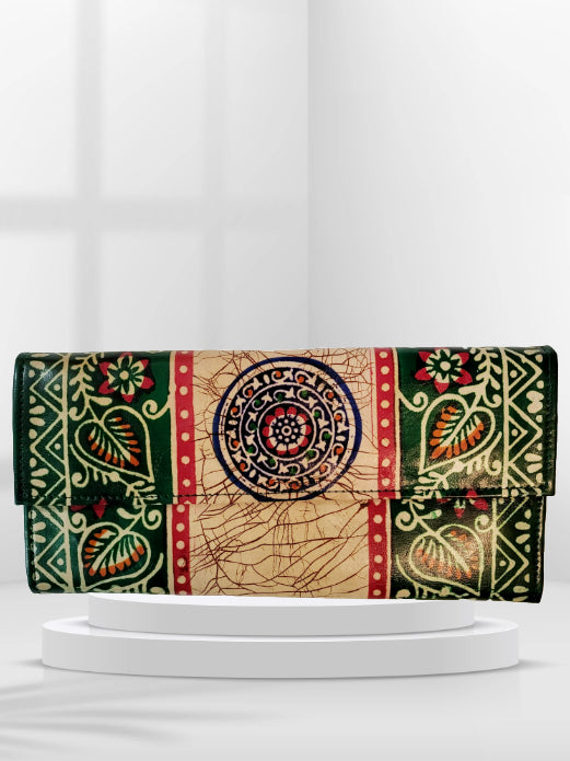 Shantiniketan Batik Print Green Leather 10inch Handpurse