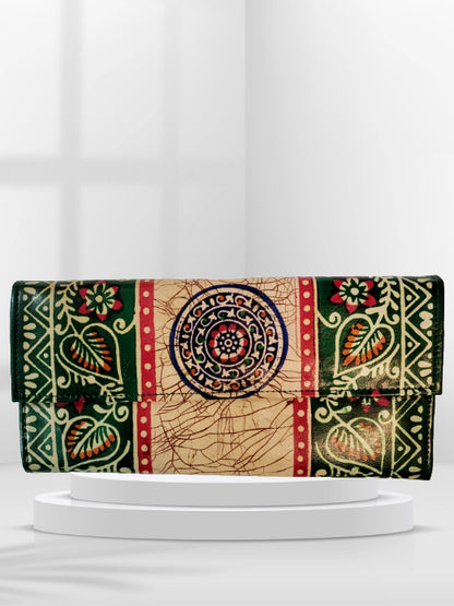 Shantiniketan Batik Print Green Leather 10inch Handpurse