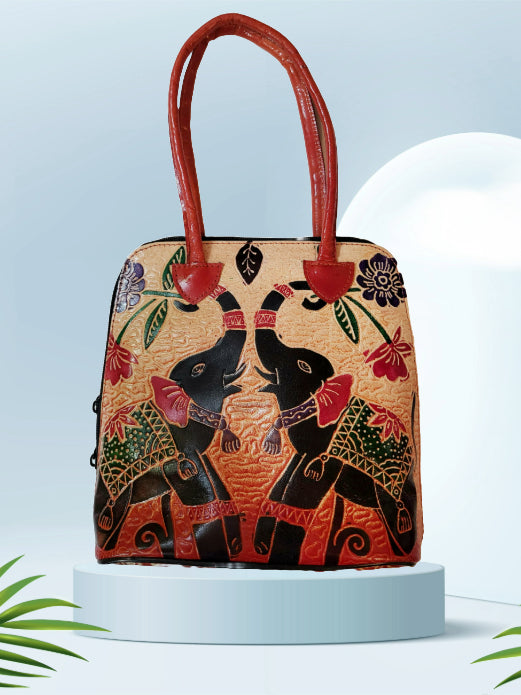 Shantiniketan Pure Leather Handbag Fullchain Batua Dual Elephant