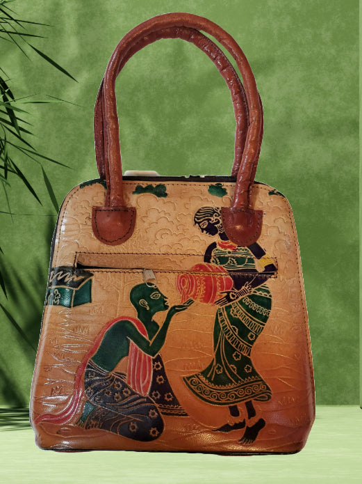 Shantiniketan Pure Leather Traditional Printed Handbag Fullchain Batua Lady Matka