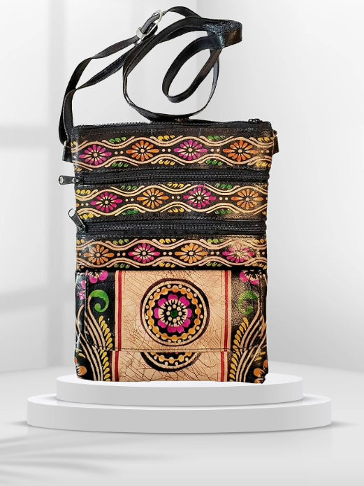 Shantiniketan Pure Leather Crossbody Shoulder Bag Batik Print (Black)