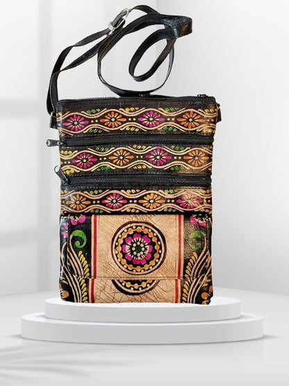 Shantiniketan Pure Leather Crossbody Shoulder Bag Batik Print (Black)