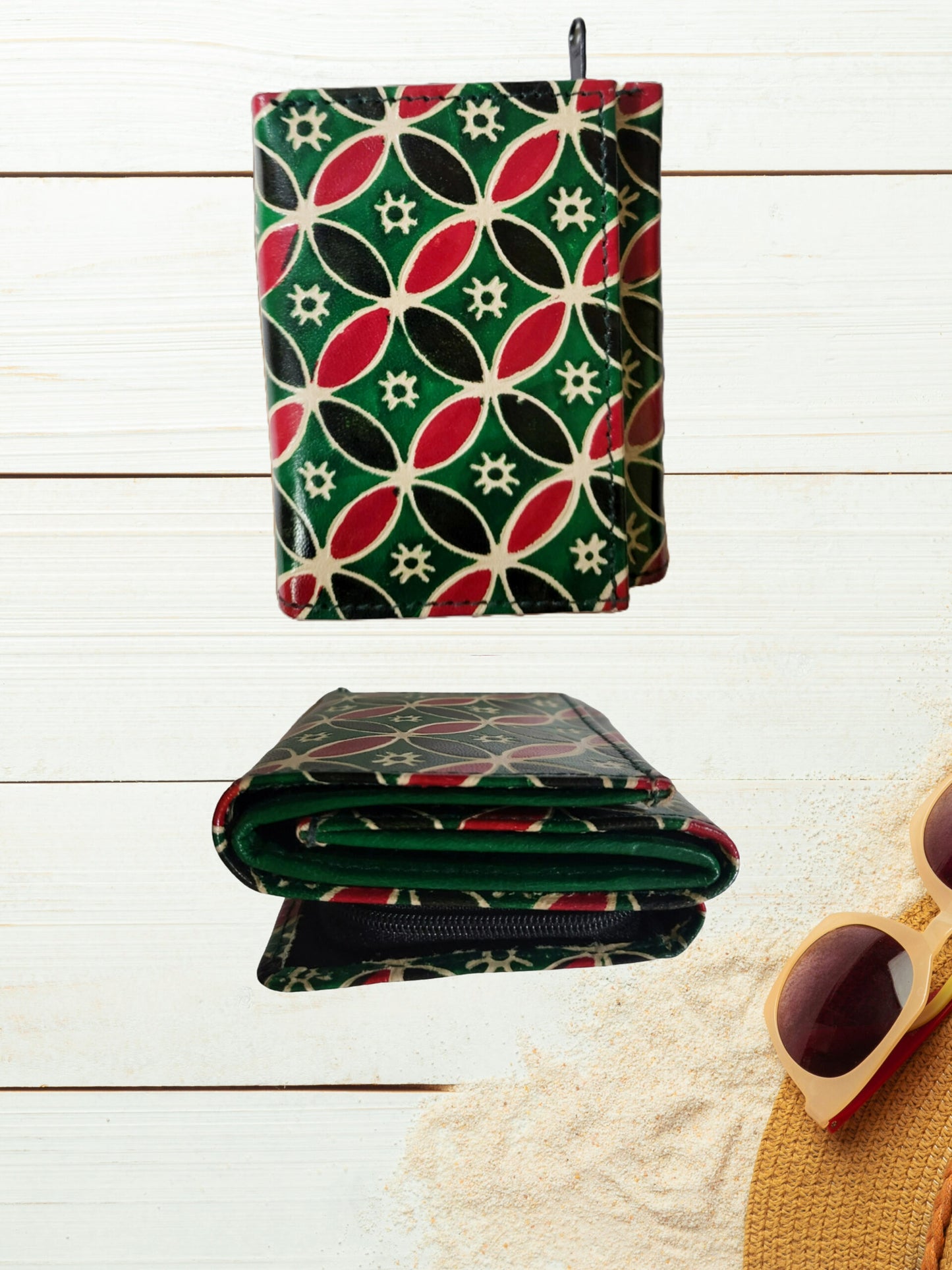 Shantiniketan Clutch 3 fold Purse for Women Green Hexagon Print Green